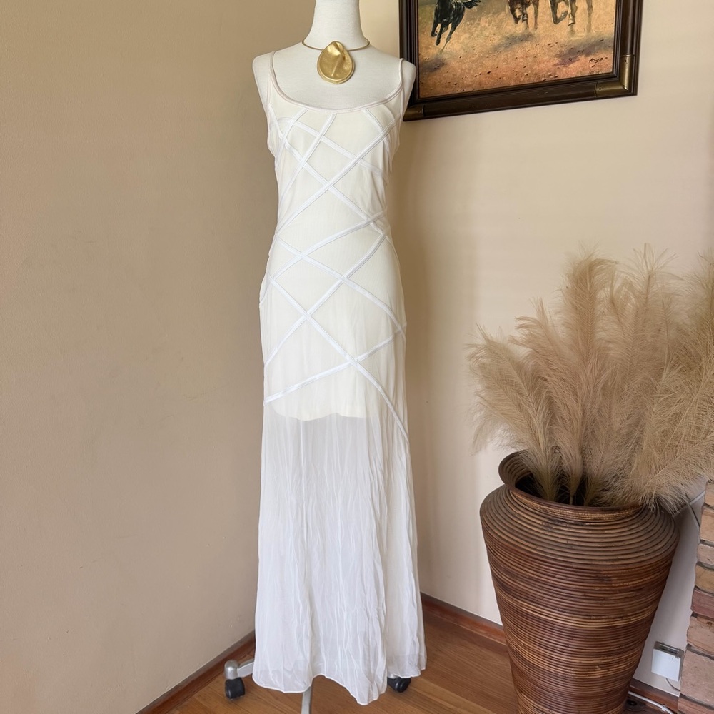 Tadashi White Formal Sheer Maxi Dress with Geometric Stitching